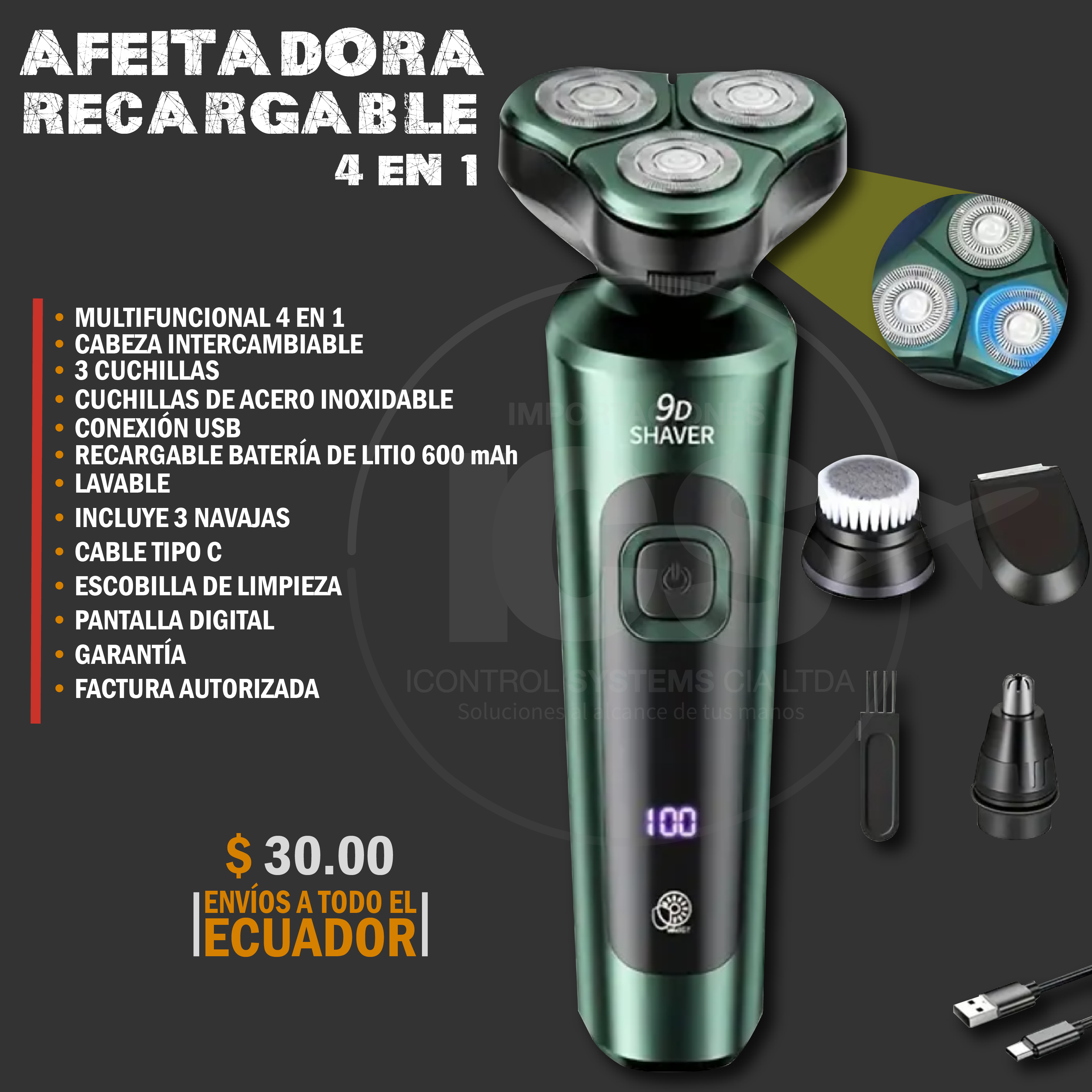 RASURADORA ELECTRICA MULTIFUNCIONAL 4-EN-1 PARA HOMBRES CABEZA DE AFEITADORA FLOTANTE CON 3 CUCHILLAS DE ACERO INOXIDABLE